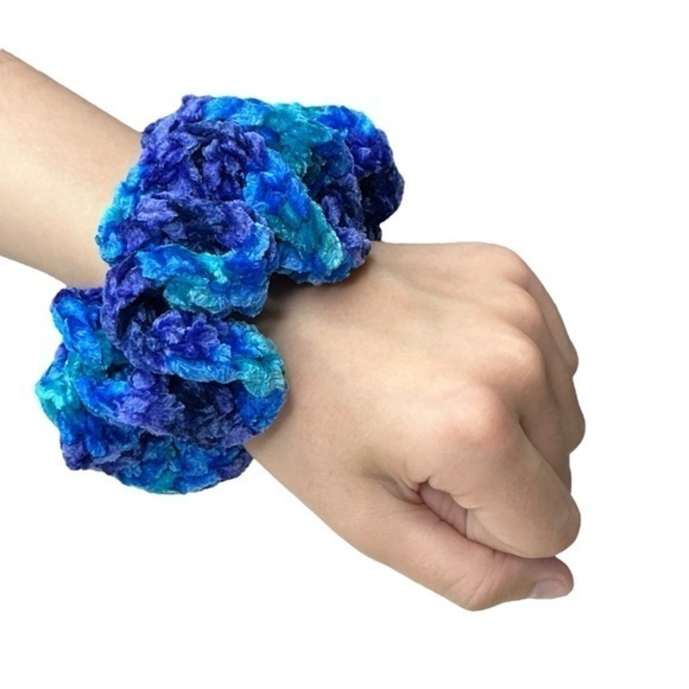 Crochet Scrunchie Oversized Hair Tie Blue Plush Crushed Velvet Handmade